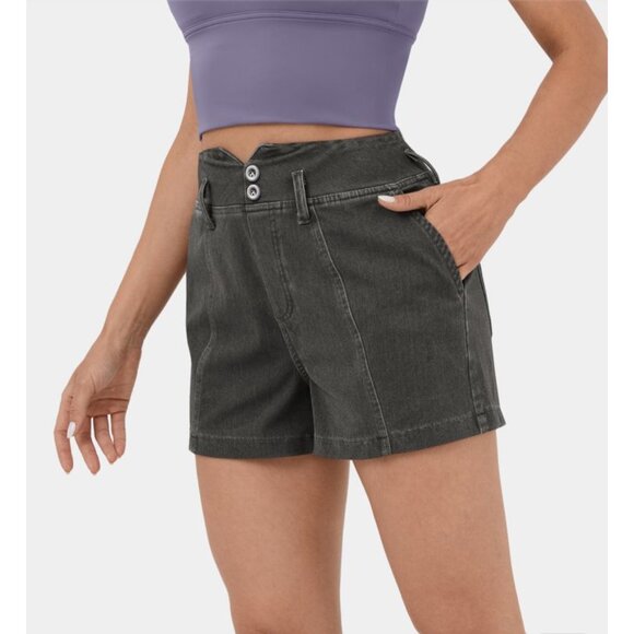 HalaraMagic High Waisted Denim Shorts Sz XS Black V Shaped Waist Pockets Cool To - Picture 6 of 8
